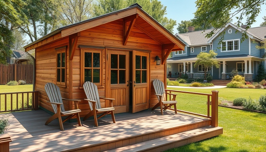 Allwood Claudia Tiny House with inviting outdoor seating in garden.