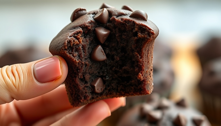 Close-up of a moist chocolate muffin with bite and pink nails.