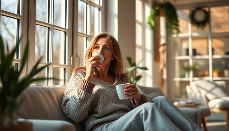 Cozy woman relaxing with coffee in sunlit room this fall.
