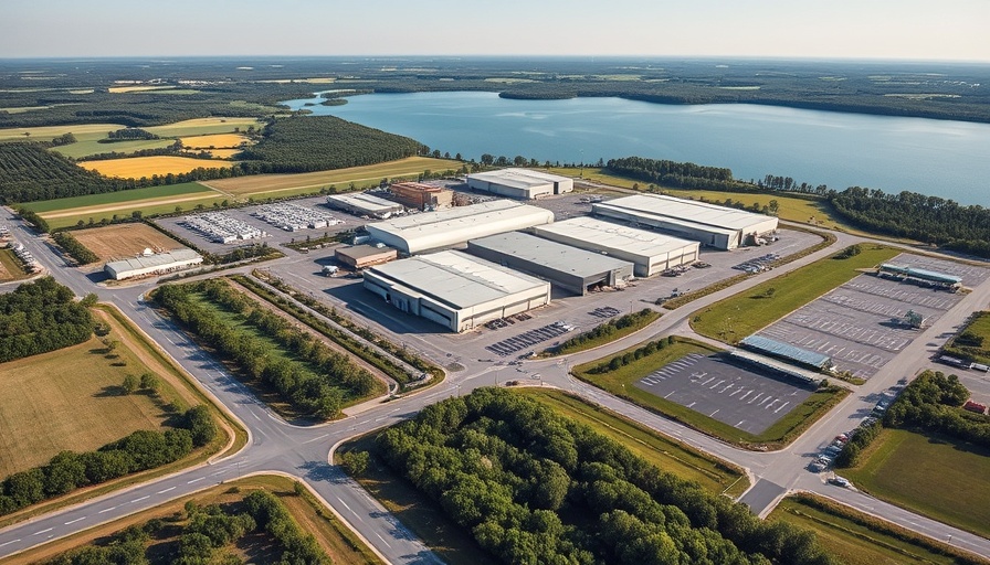 Aerial view of Atlanta Industrial Park Development near water.