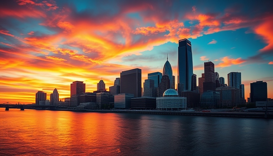 Detroit skyline at sunset reflecting on the river, showcasing the dynamic cityscape and vibrant atmosphere related to the Detroit housing market.