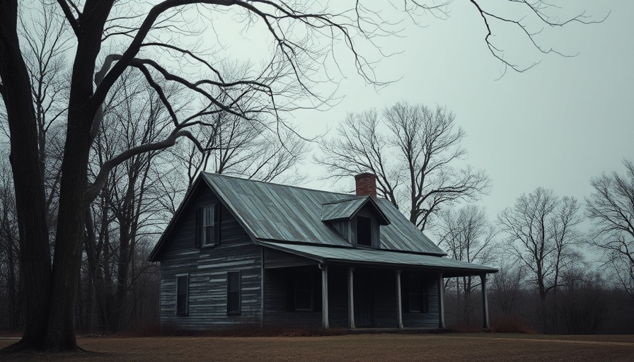 Aged rustic farmhouse in Houston Heights under winter sky.