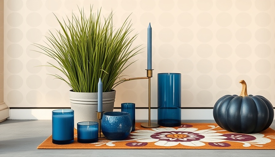 Chic fall porch decor without orange featuring blue accents.