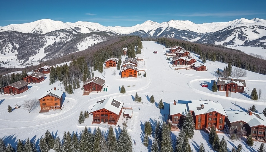 Aerial view of snowy resort with vacation homes and ski slopes.