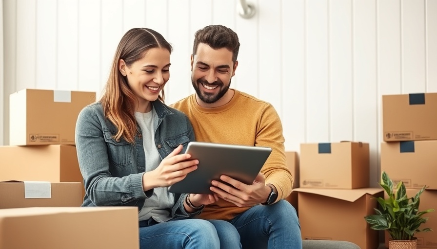 Happy couple reviewing tablet amid moving boxes in cozy living room.