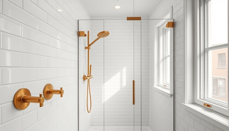 Stunning walk-in shower idea with brass fixtures in small bathroom.