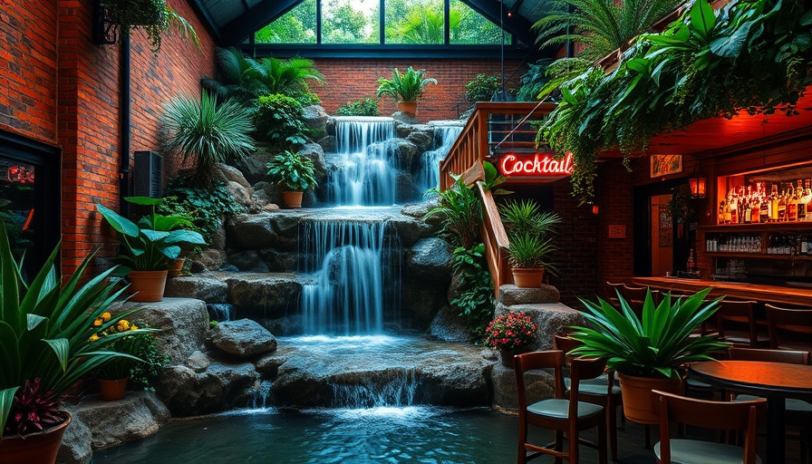Indoor two-storey waterfall property with rustic charm and a cocktails bar.