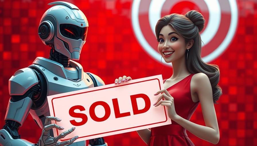 Robot and woman with sold sign, in a photorealistic red-themed scene.