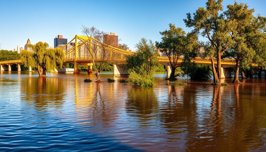 Sacramento flooded riverbanks near yellow bridge.