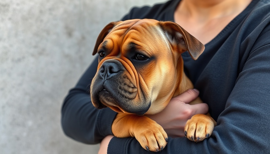Calm brown bulldog being held, reunited with family.