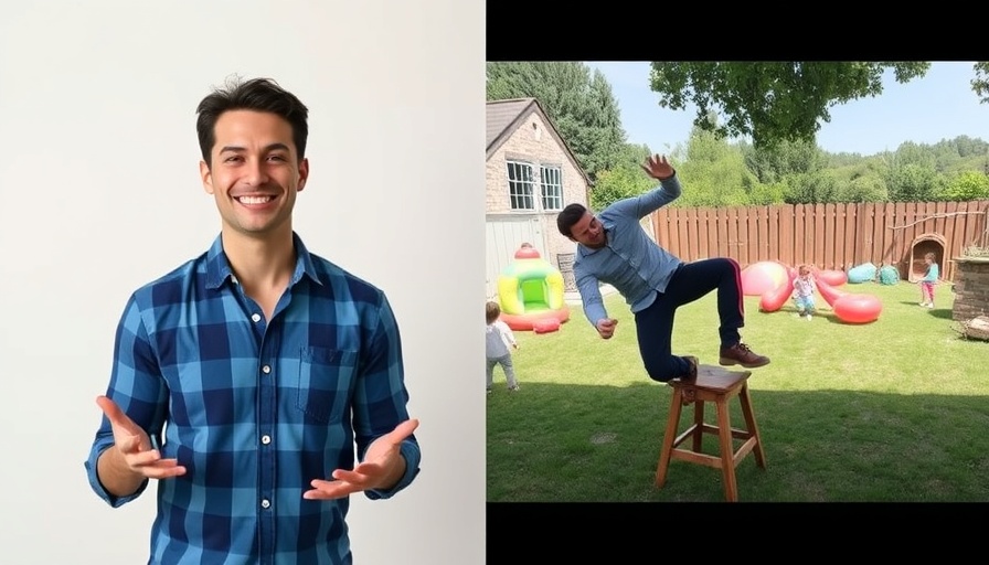 Man in plaid shirt indoors; man stumbling outdoors in backyard, safety gear for DIY projects.