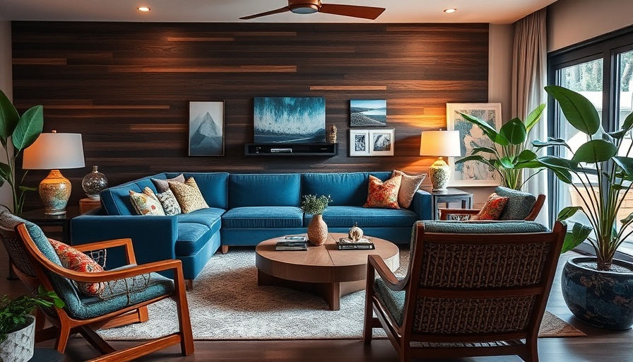 Modern living room accent wall design alternative with dark wood.