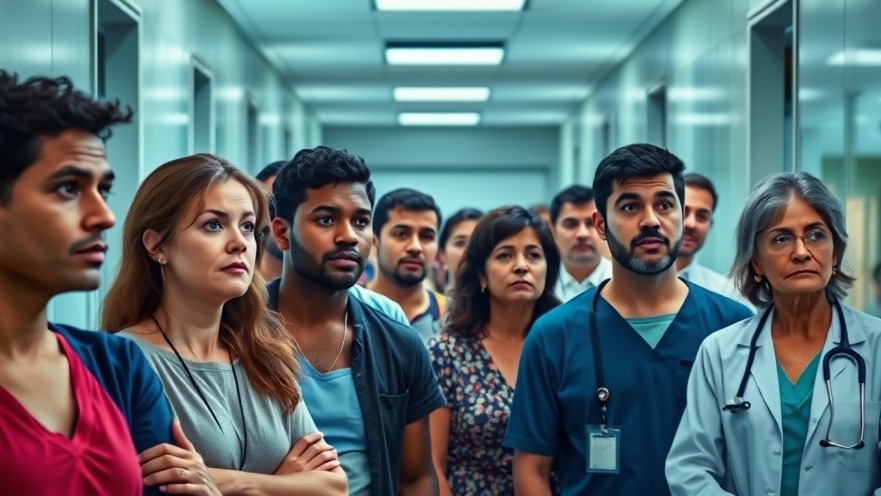 Diverse patients in a hospital corridor seek back pain relief from a caring professional.