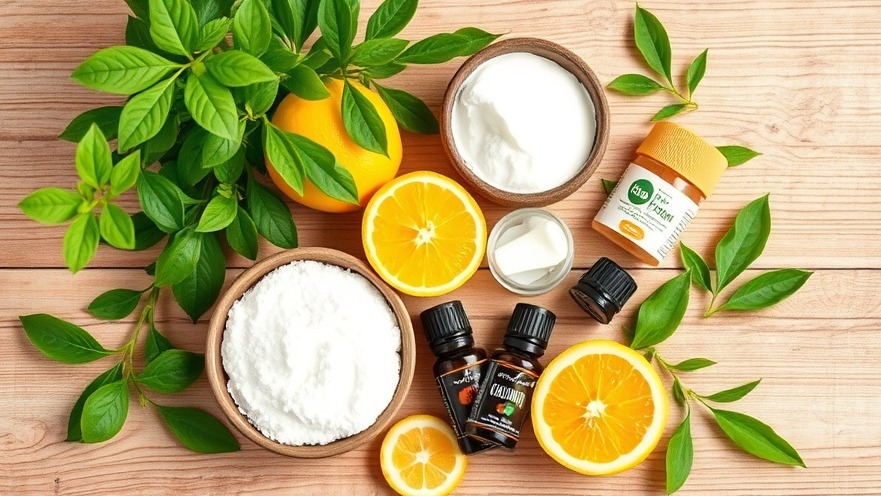 Vibrant flat lay of natural deodorants with baking soda, coconut oil, and essential oils.