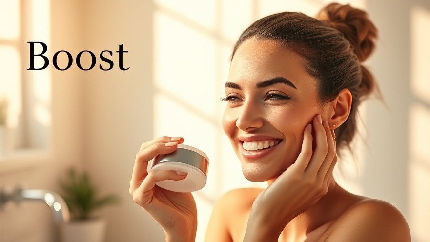 A smiling woman enhancing her skincare routine in a serene, sunlit bathroom.