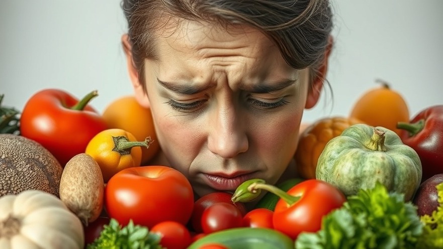 A stressed person surrounded by vibrant fruits and vegetables, emphasizing healthy foods.
