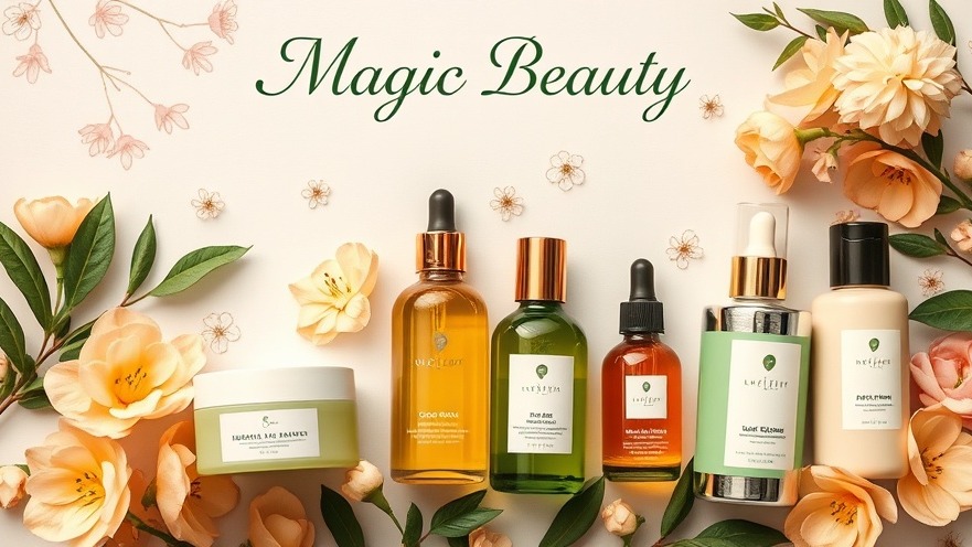 Magic Beauty flat lay showcasing health and wellness products in warm tones.