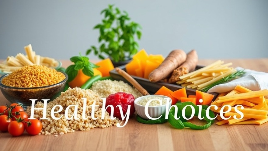 Fresh healthy foods on a wooden table promoting nutrition and healthy eating.