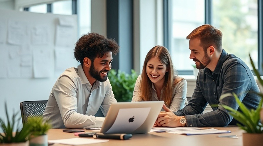 Employees collaborating in a modern office environment.