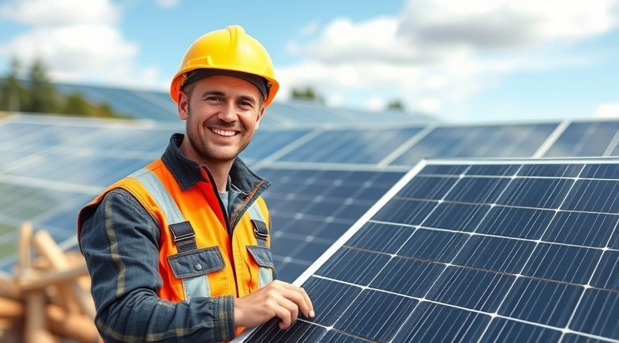 Happy solar panel technician working on a solar installation.