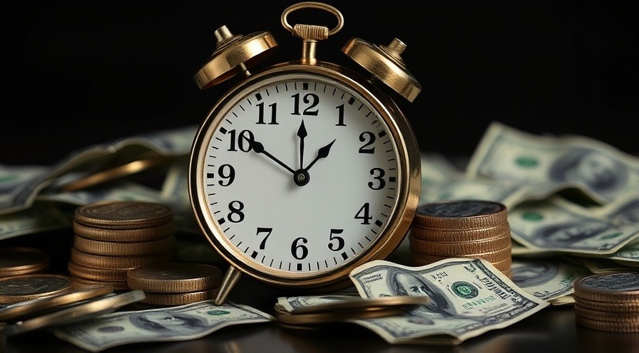 Illustration of time is money concept with clocks and dollars.