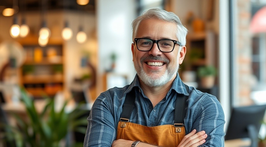 Happy business owner smiling confidently in a bright, modern office.