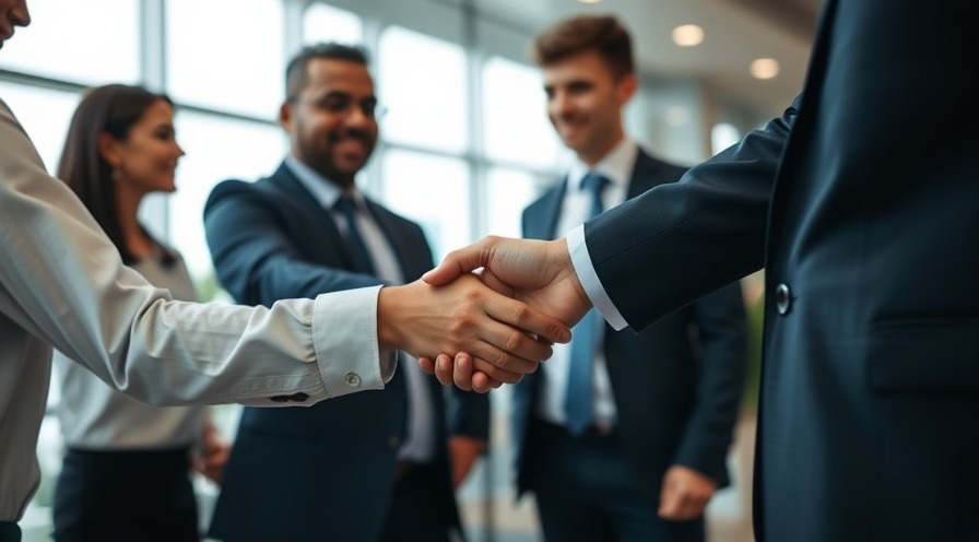 Employees shaking hands to symbolize collaboration and teamwork.