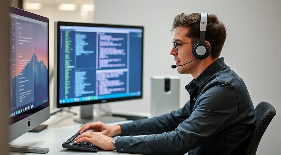 IT employee focused on coding at computer workstation