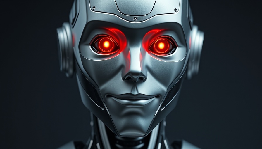 Futuristic humanoid robot with red eyes, photorealistic style.