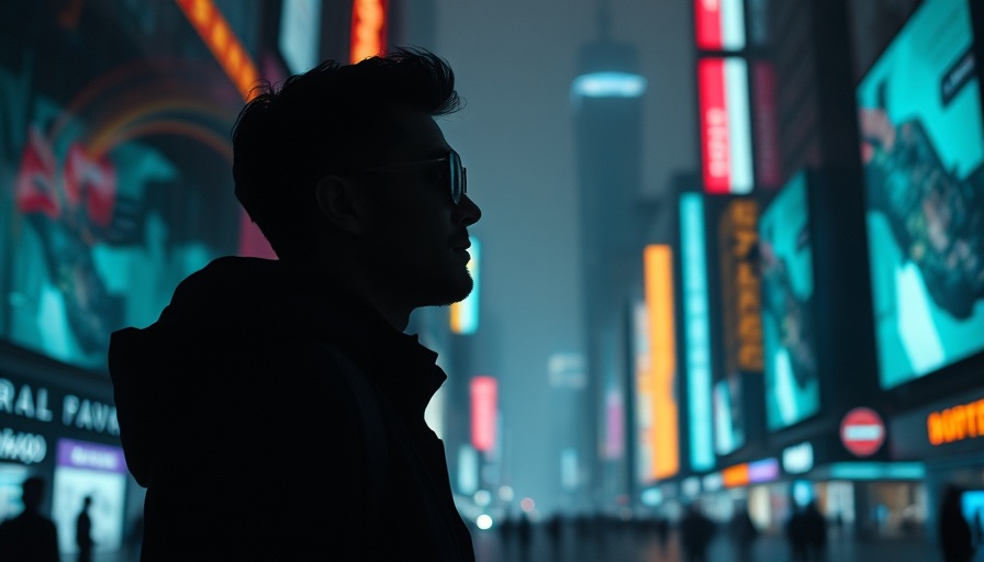 Futuristic city with digital elements and AI theme.