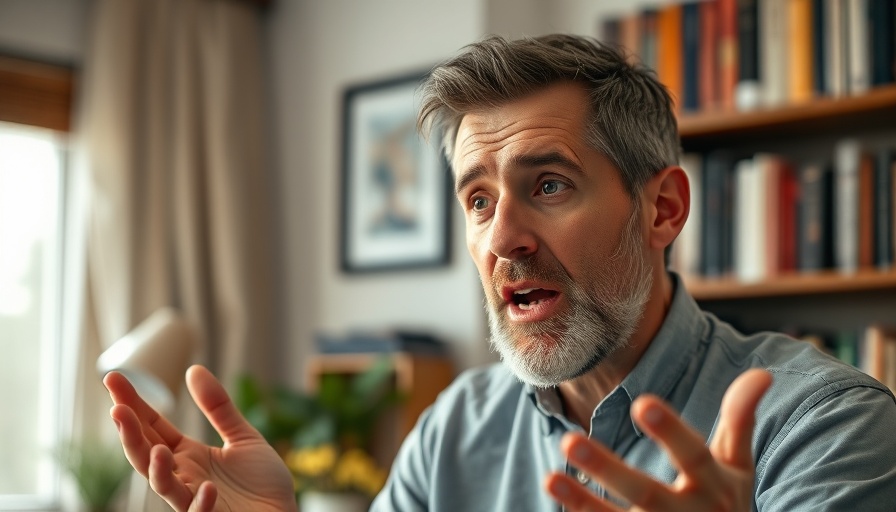 Middle-aged man speaking passionately at home office, level up in marketing with AI.