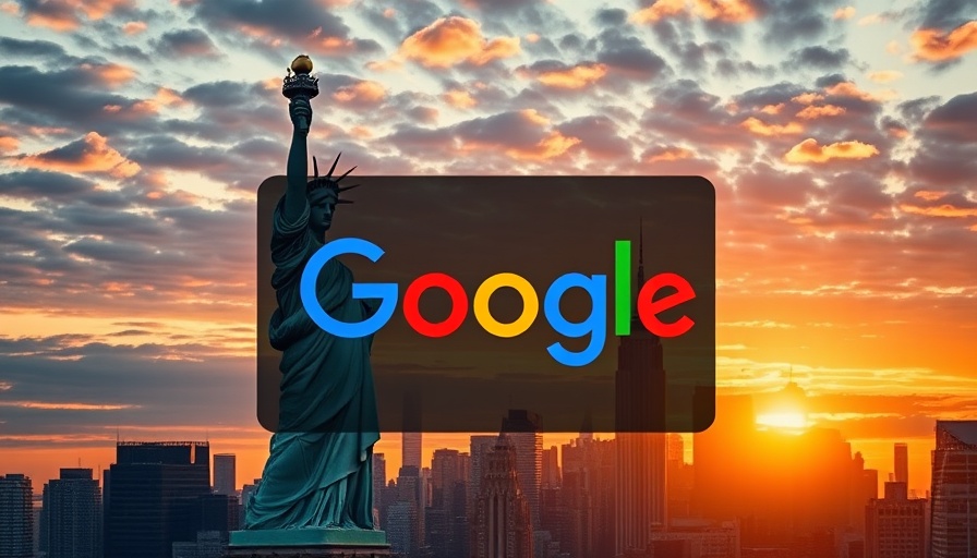 Vibrant cityscape of Statue of Liberty with Google logo, AI Overviews search results.