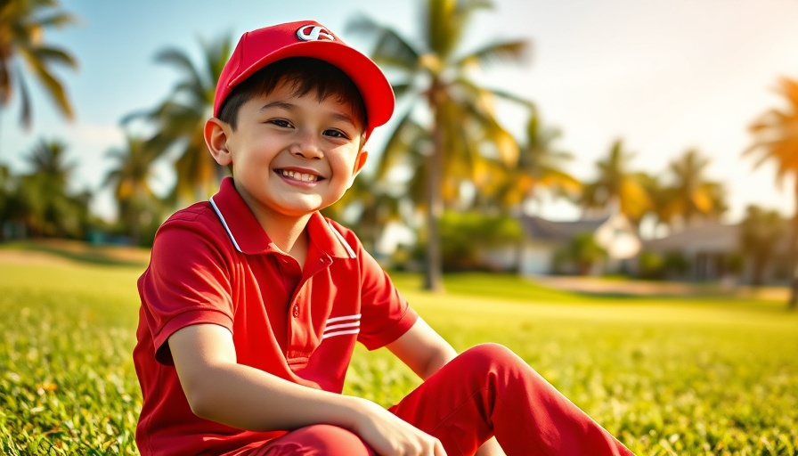 Young boy enjoying First Tee Junior Golf Experience on a sunny golf course.