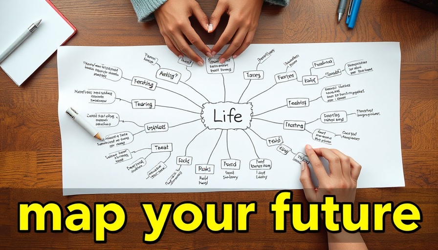 Overhead view of a mind map with topics like AI and teaching, 'map your future'.