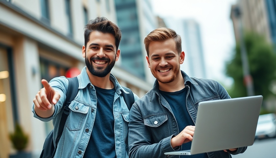 Casual men with laptop discussing 'Digital Detox That Actually Works'.