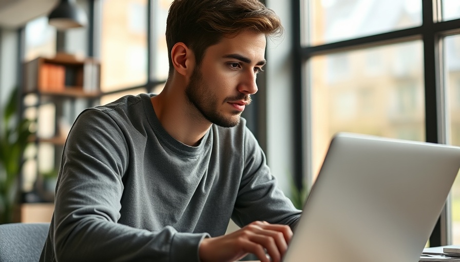 Focused young man using laptop and viewing tweet about productivity.