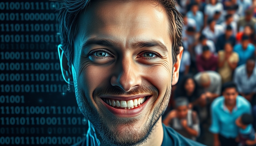 Split image of man showing digital and human sides, community context.