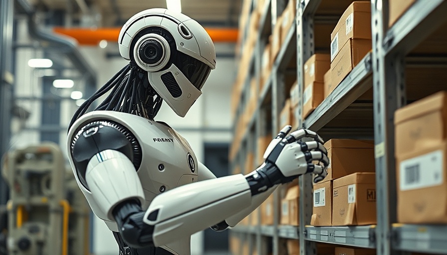 Futuristic humanoid robot in industrial setting analyzing shelves.
