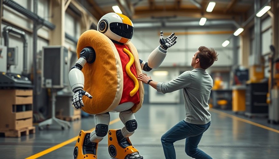Playful robot in a hotdog costume, Trick or treat Atlas scene.