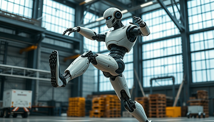 Futuristic robot performing breakdancing in an industrial setting.