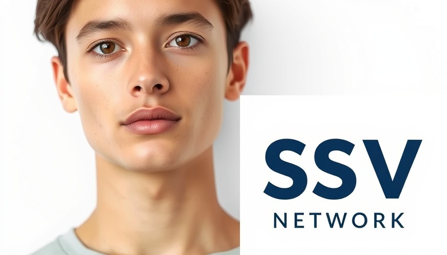 SSV Network Ethereum Staking logo beside person on white background.