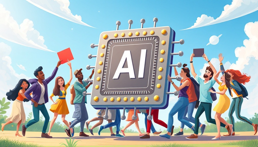 Animated representation of AI adoption in media companies, with people carrying an AI chip.