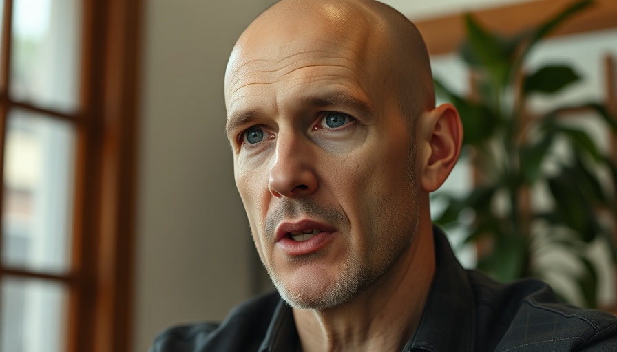 Bald man discussing AI cloning indoors, focus note.