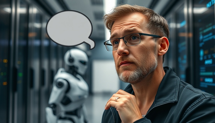 AGI Debate: Man discusses AI presence with futuristic background.
