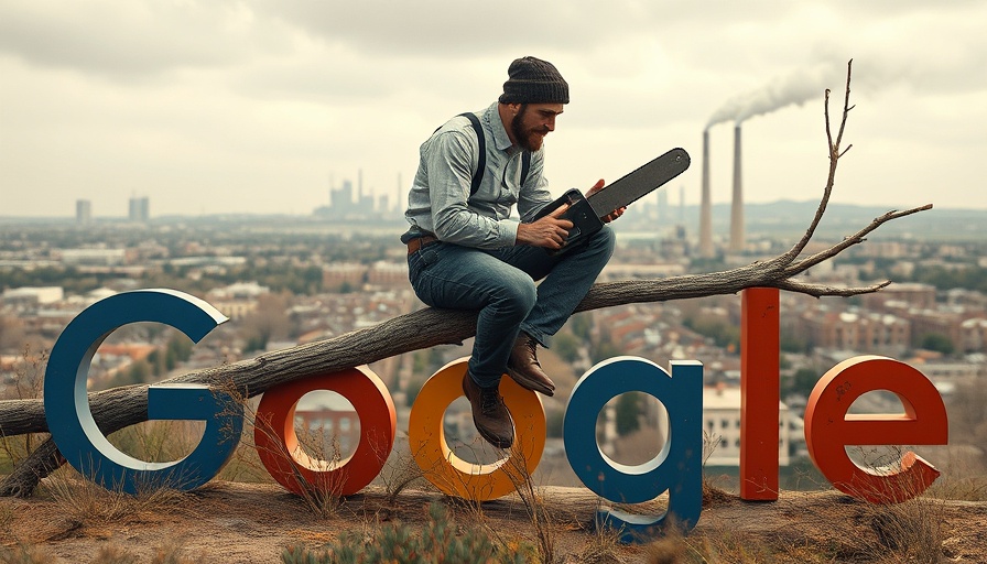 Illustration of a man on a tree branch with Google logo, symbolizing necessary evil.