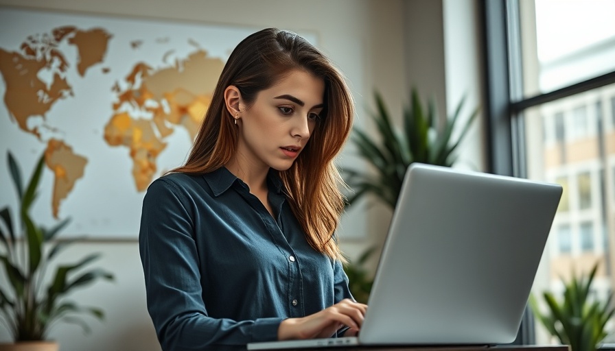 Young woman explores zero-click searches on a laptop in a modern office.