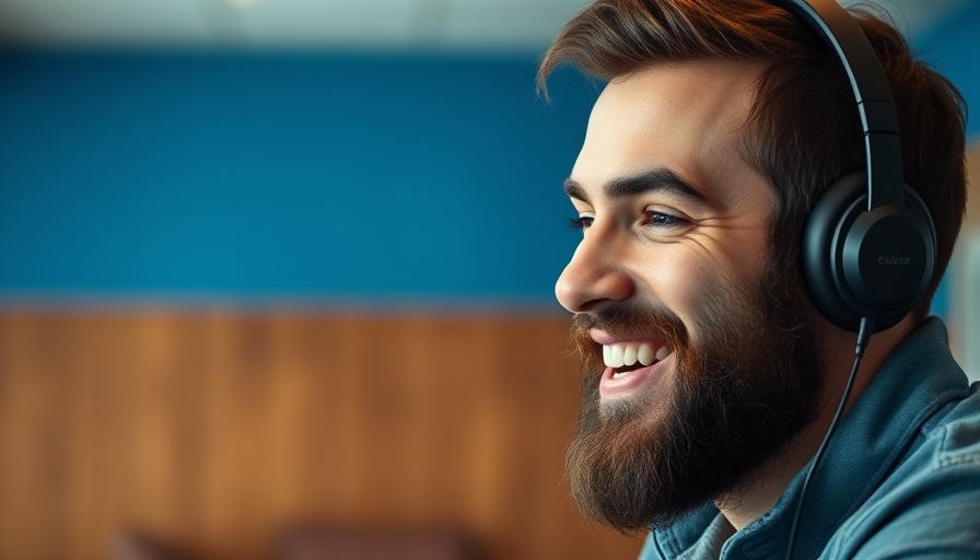 Man discussing societal backlash to AI, smiling with headphones indoors.