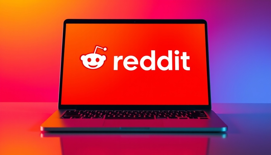 Laptop displaying Reddit logo on an orange-red gradient background.