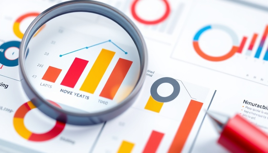 Illustration of SEO analysis with magnifying glass and graphs on red background.