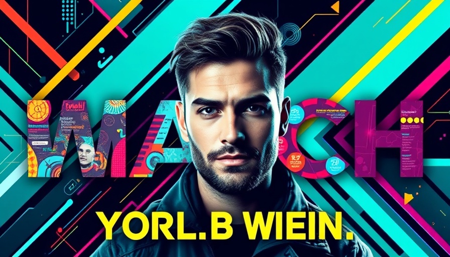 Colorful design featuring bold text and man's portrait, modern tech style.
